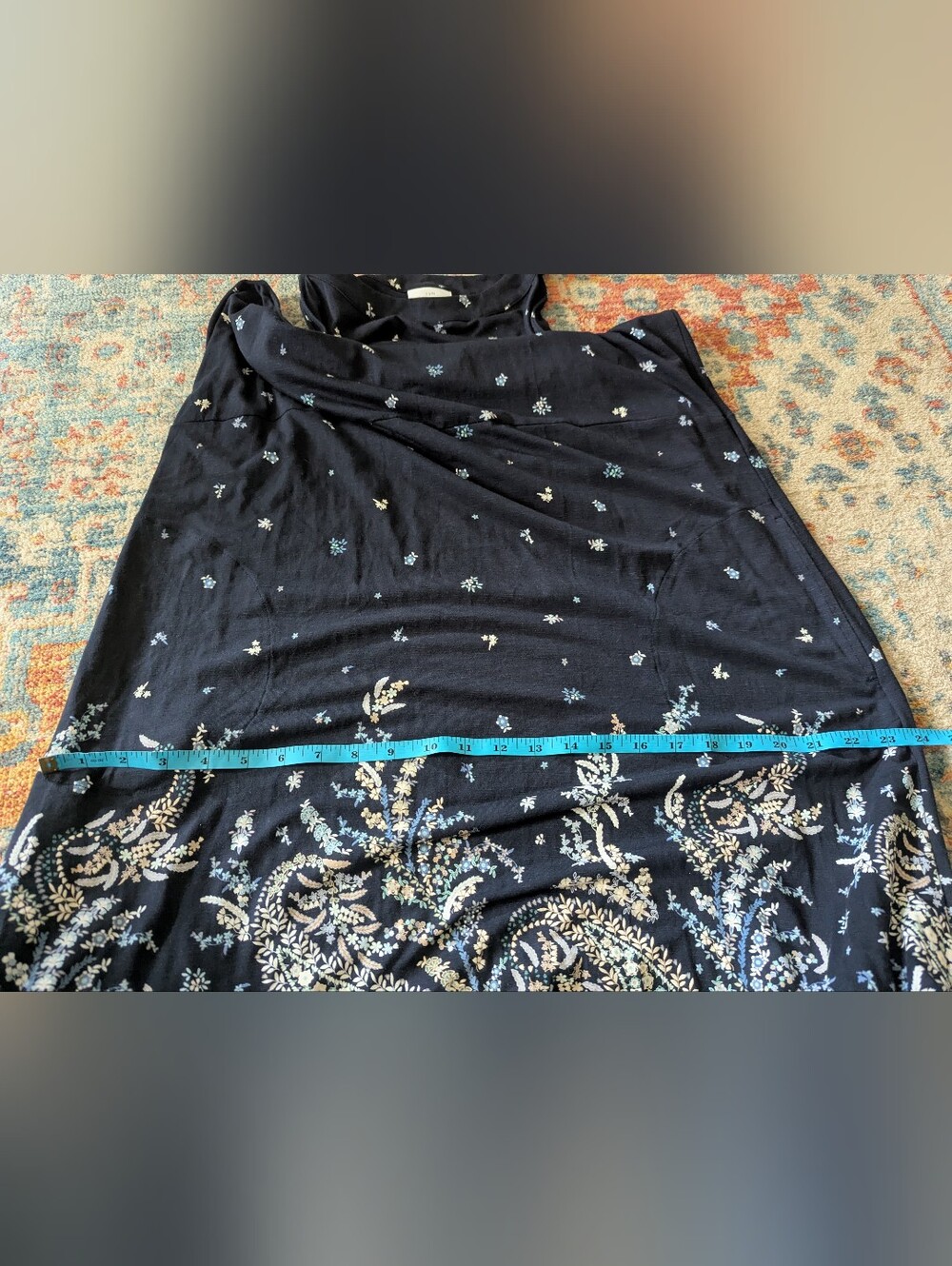 J.Jill Women's Large Paisley Floral Sleeveless Maxi Dress Navy Blue Jersey Knit - Picture 10 of 11
